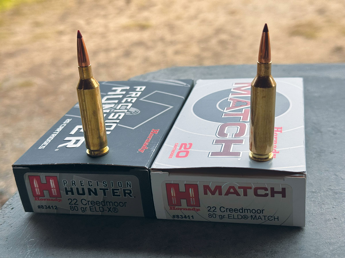 Hornady Factory ammunition offerings include on the right, a Match 80-grain ELD-M and on the left is Precision Hunter 80-grain ELD-X.